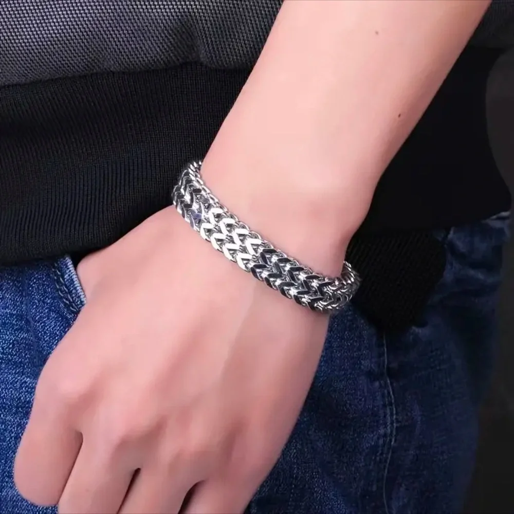 Men’s Double Layer Silver Stainless Steel Bracelet!